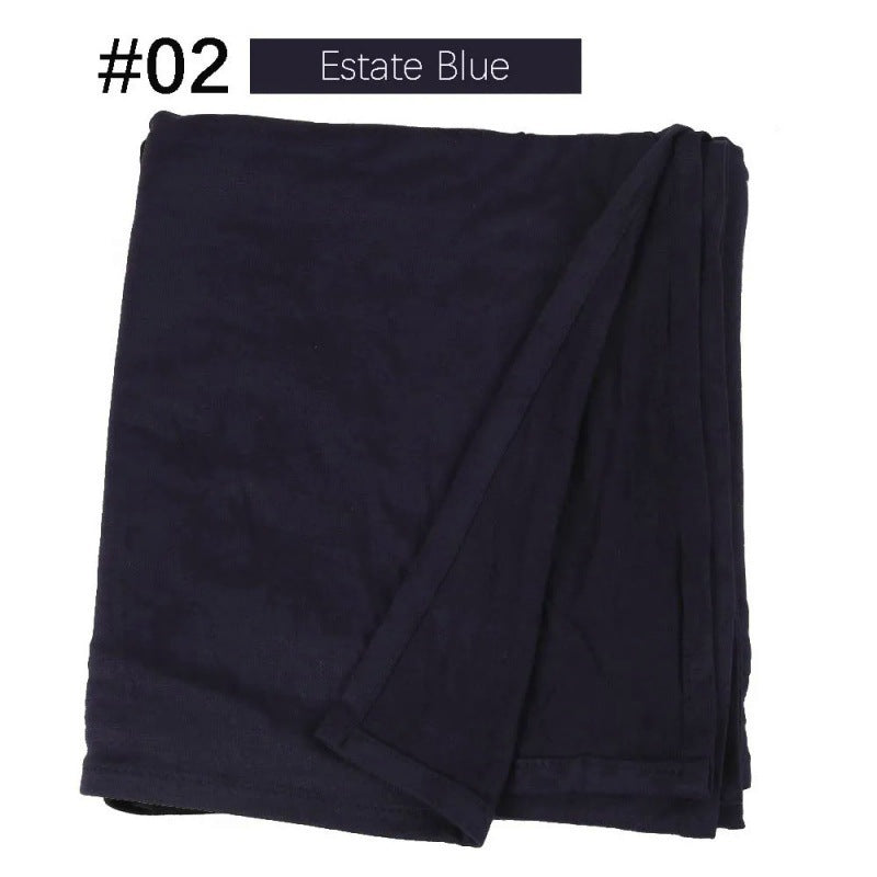 Navy blue rectangular hijab folded on a white background.