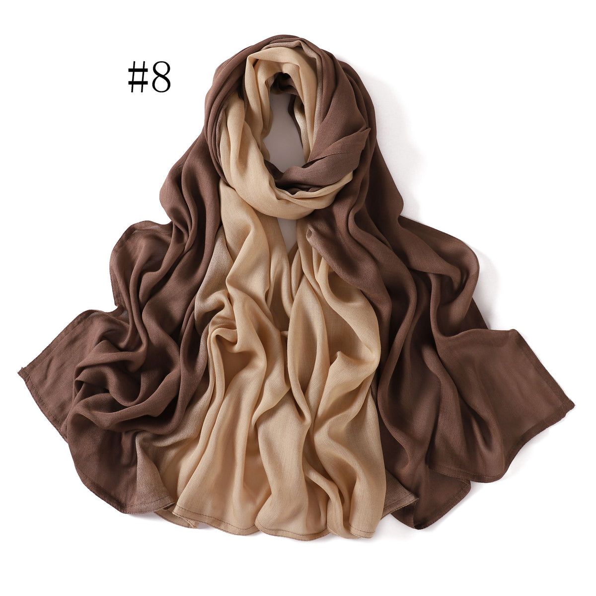 Cocoa brown and champagne ombre hijab arranged to show its broad border.