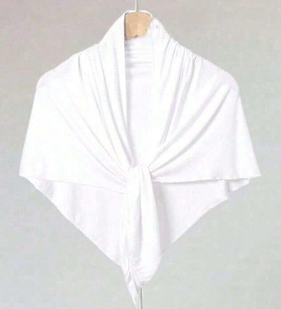 Milk-white triangular hijab tied at the front on a hanging display.