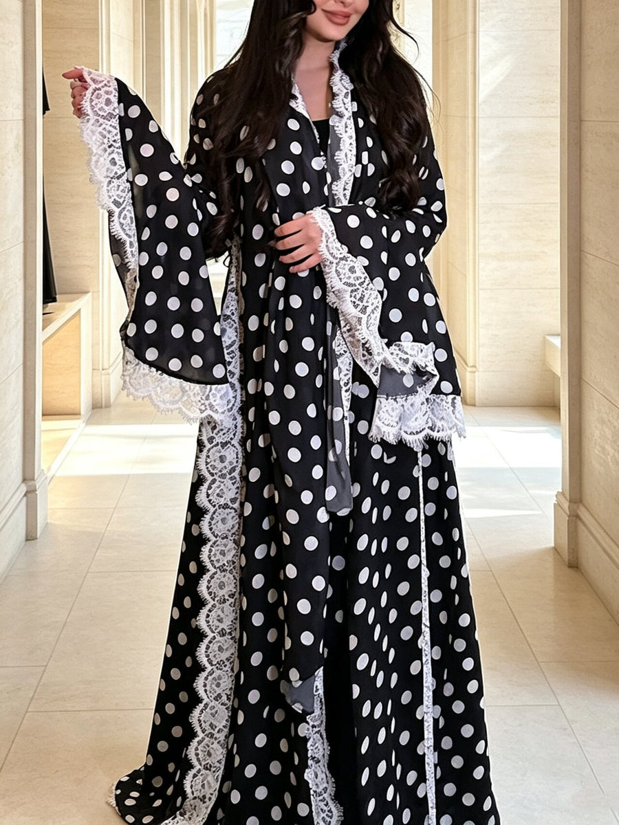 OLIVA Polka Lace Open Abaya in Black with white polka dots and white lace trim
