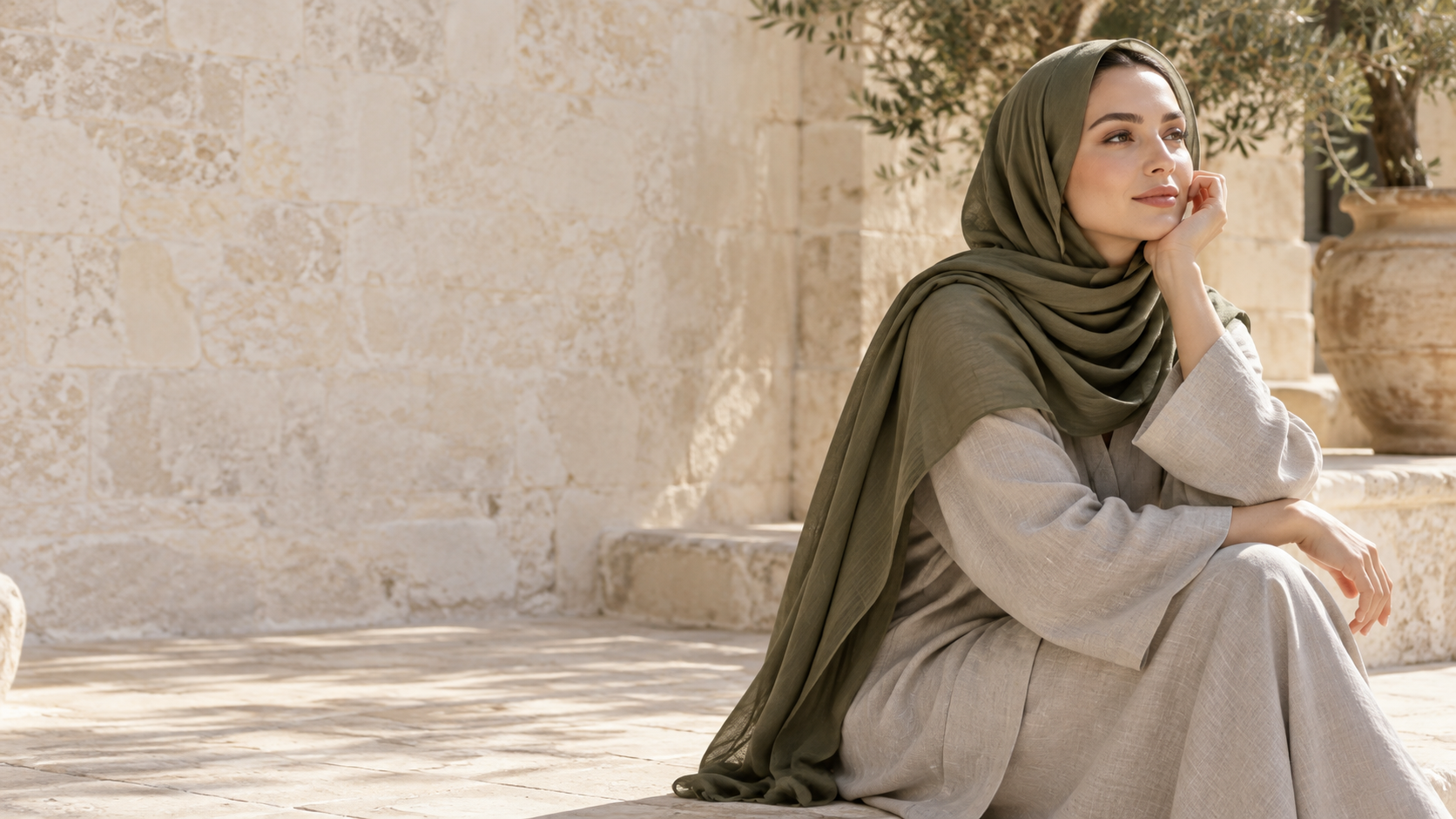 Olive green scarf styling in a sunlit courtyard